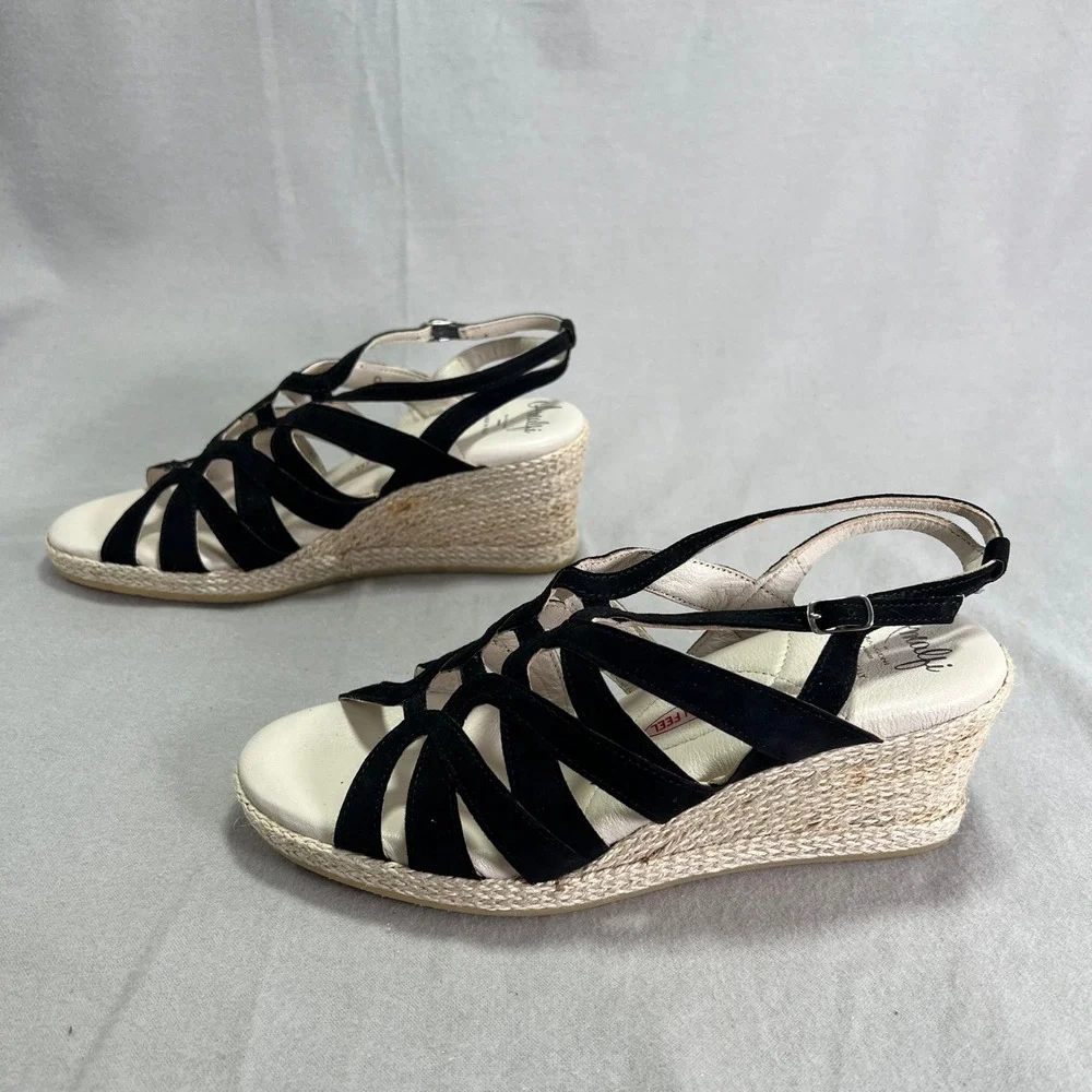 Amalfi Rangoni Luca Black Cashmere Wedge Sandals Suede Espadrille Ankle Strap 8W